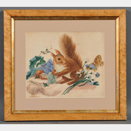 American School, 19th Century Squirrel with Walnuts, Flowers, Fruit, and Butterfly.