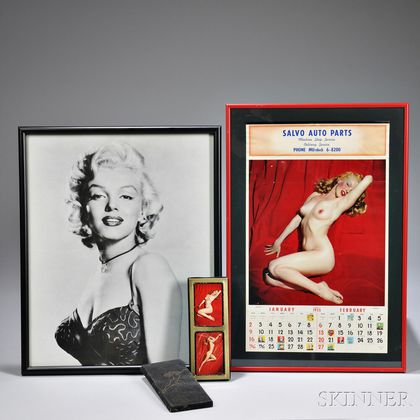 Marilyn Monroe Items, c. 1950s-60s, including two decks of playing cards boxed together, a 1955 calendar, and a black-and-white photogr
