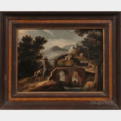 Flemish School, 17th Century Style Italianate Landscape with Travelers Approaching a Bridge