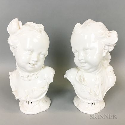 Pair of Continental Porcelain Busts of a Boy and Girl