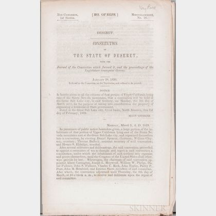 Utah, LDS [Mormon] Church, the State of Deseret, Three Congressional Publications, 1849-1858.