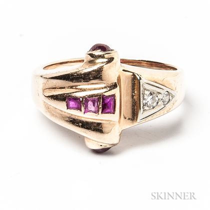 Retro 14kt Rose Gold, Ruby, and Diamond Ring