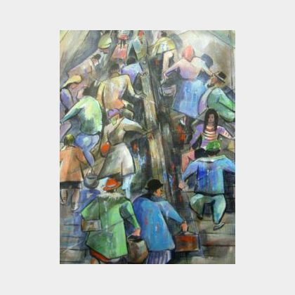 Framed Mixed Media Work on Paper of a Crowded Escalator