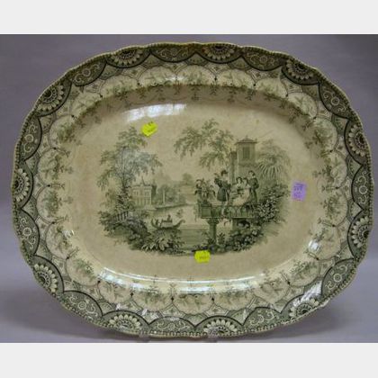 Large Dark Green and White Byron Gallery Pattern Transfer Decorated Staffordshire Platter. 