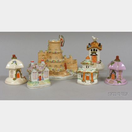 Six English Staffordshire Castle and Cottage Figurals