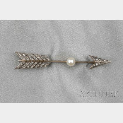 Antique Pearl and Rose-cut Diamond Arrow Brooch