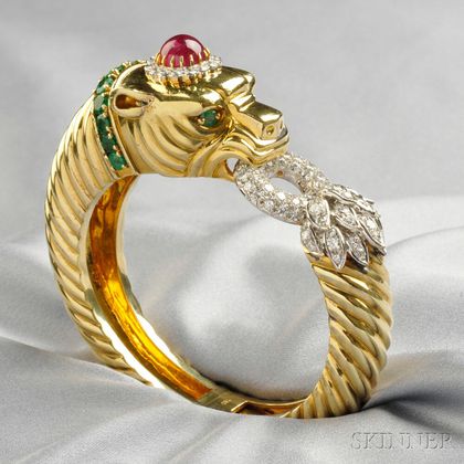 18kt Gold, Diamond, and Gem-set Panther Bracelet