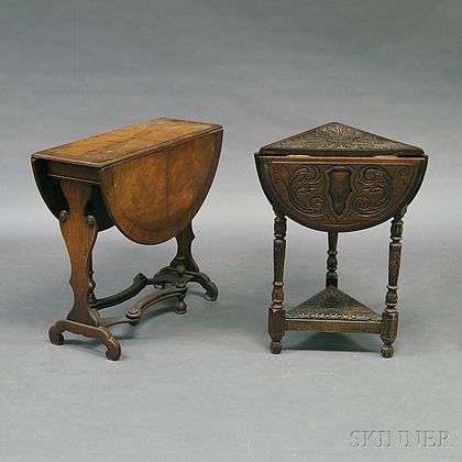 Carved Oak Handkerchief Table and a Victorian Tuckaway Table