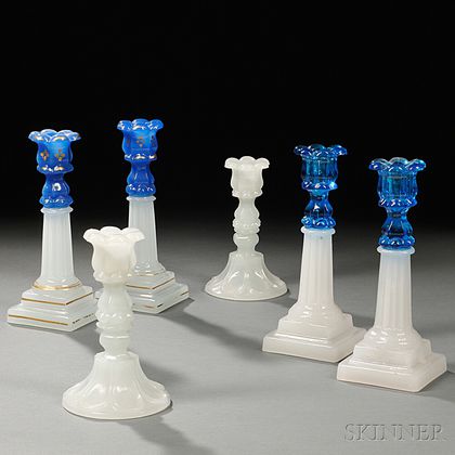 Three Pairs of Clambroth Pressed Glass Candlesticks