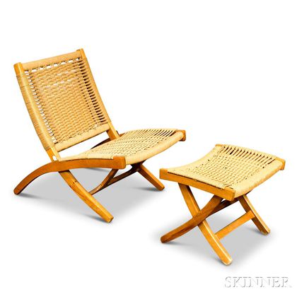Wegner-style Beech Folding Rope Chair and Ottoman. Estimate $20-200