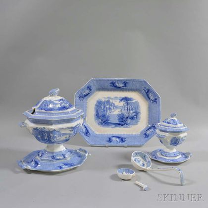 Six J. Clementson Blue "Siam" Transfer-decorated Ironstone Items