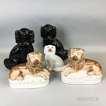 Pair of Staffordshire Ceramic Lions and Three Spaniels
