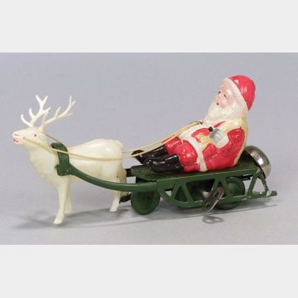 Japanese Celluloid Wind-up Santa and Sleigh