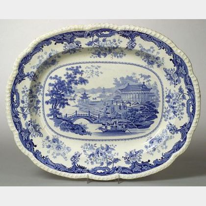Large English Blue and White Chinese Marine Pattern Transfer Decorated Staffordshire Platter. 