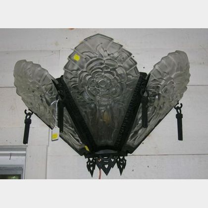 Pair of Art Deco Style Colorless Frosted Molded Glass Three-Panel and Black Painted Iron Wall Sconces