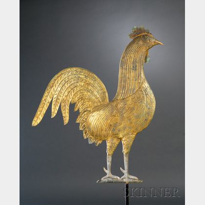 Large Molded and Gilded Sheet Copper Rooster Weather Vane