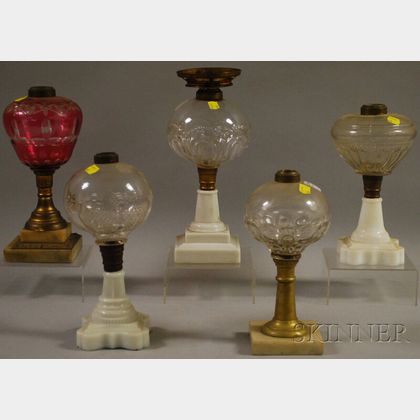 Five Pressed Glass Kerosene Table Lamps