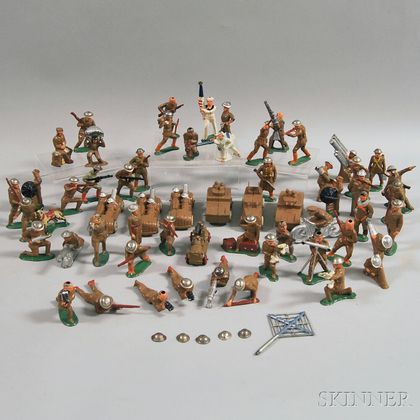 Forty-nine Barclay Painted Hollow Cast Lead Mostly WWI Army Figures and Figural Groups, and Seven Vehicles