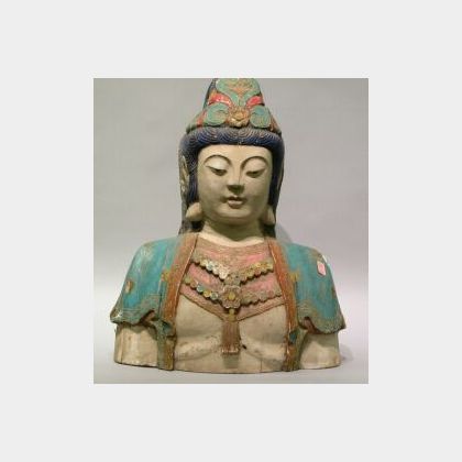 Painted Carved Wood Bust of Buddha. 