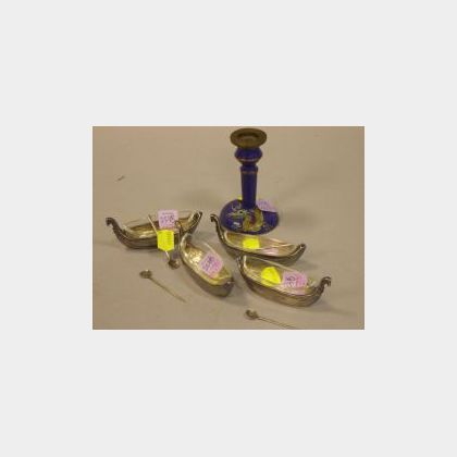 Cloisonne Candlestick and a Set of Four Sterling Silver Gondola-form Salts