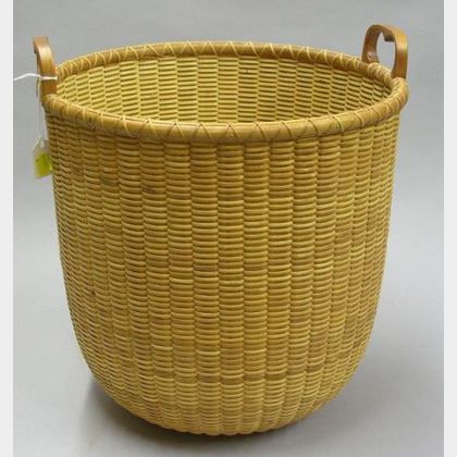 Tall Round Modern Nantucket Woven Two-Handled Basket