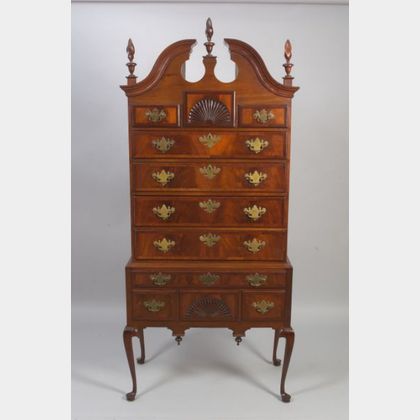 Queen Anne Style Inlaid Carved Mahogany and Mahogany Veneer Highboy. 
