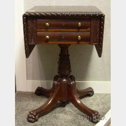 Classical-style Carved Mahogany Drop-leaf Two-Drawer Pedestal-base Work Table. 