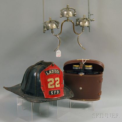Leather Fire Helmet, Cased Pair of Binoculars, and Chromed Metal Horse Bells