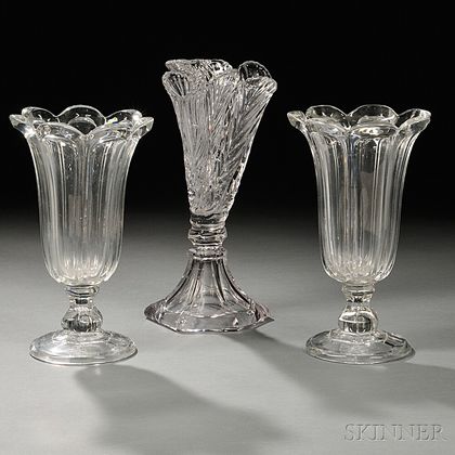 Three Colorless Pressed Glass Vases