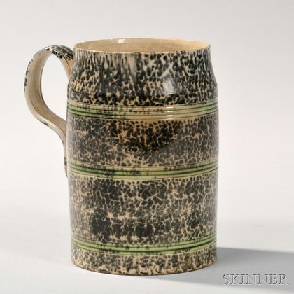 Spatter-decorated and Green-banded Quart Mug with Tapered Lip