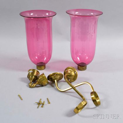Pair of Brass and Cranberry Glass Wall Sconces