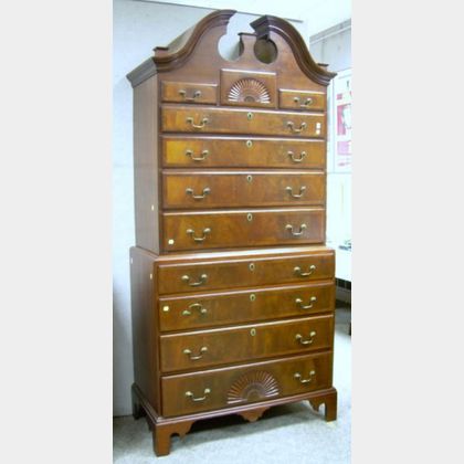 Chippendale-style Inlaid Carved Mahogany and Mahogany Veneer Bonnet-top Chest-on-Chest. 