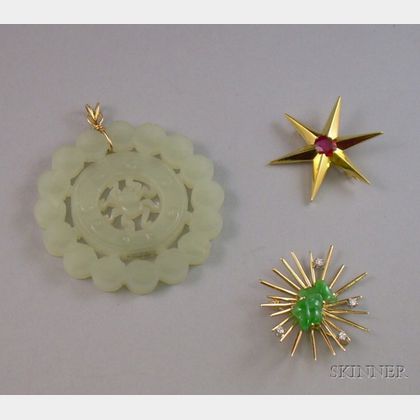 14kt Gold, Jade, and Diamond Brooch and a 18kt Gold and Ruby Star Pin