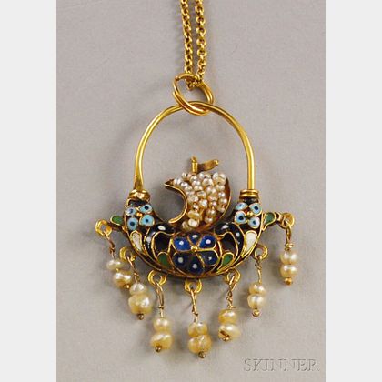 14kt Gold, Enamel, and Seed Pearl Renaissance Revival Ship-form Pendant