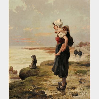 Pierre-Marie Beyle (French, 1838-1902) Keeping Watch by the Shore
