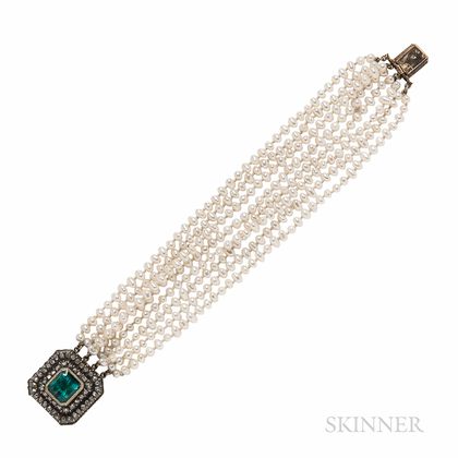 Freshwater Pearl, Emerald, and Diamond Bracelet