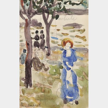 Maurice Brazil Prendergast (American, 1858-1924) Double-sided Sketchbook Page: Figures Beneath Trees at the Shore
