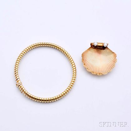 14kt Gold and Diamond Shell Brooch and 14kt Gold Italian Bracelet