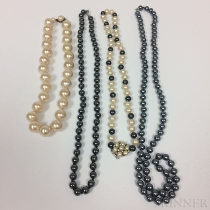 Three Faux Pearl Bead Necklaces and a Hematite Bead Necklace. Estimate $20-40