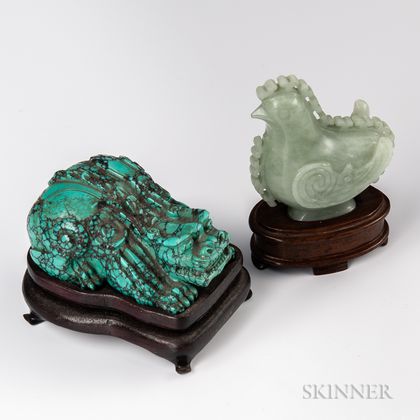 Carved Turquoise Mythical Beast and Jade Rooster
