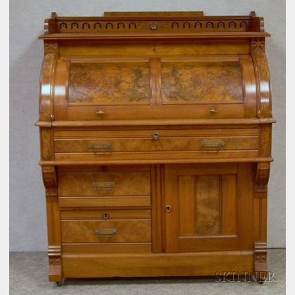 Victorian Eastlake-type Carved Walnut and Burl Veneer Cylinder-top Desk
