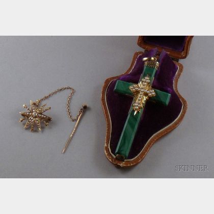 Antique 14kt Gold, Seed Pearl, and Malachite Cross Pendant and an Antique 14kt Gold Seed Pearl and Diamond Brooch