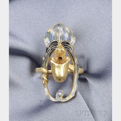 Art Nouveau 18kt Gold and Enamel Jack-in-the-Pulpit Ring