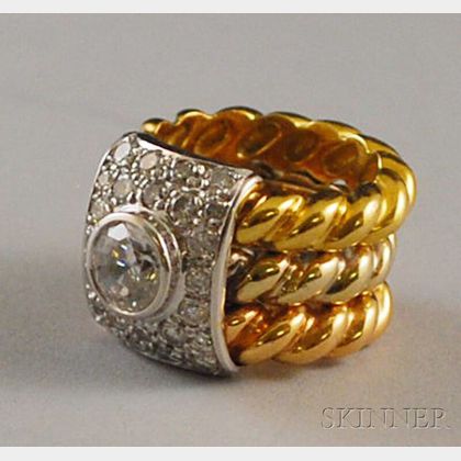 Tricolor 18kt Gold and Cubic Zirconia Triple-band Ring