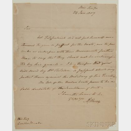 Burr, Aaron (1756-1836) Letter Signed, 24 January 1807.