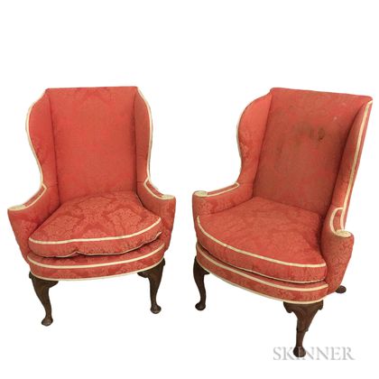 Pair of Queen Anne-style Upholstered Mahogany Wing Chairs