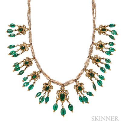 Emerald, Diamond, and Seed Pearl Necklace