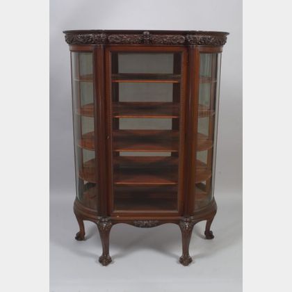 Late Victorian Carved Mahogany and Curved Glass D-shaped Mirrored Display Cabinet