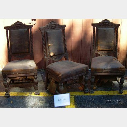 Set of Six Victorian Northwind Leather Upholstered Carved and Turned Oak Side Chairs. 