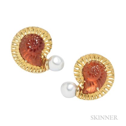 18kt Gold, Amber, and Pearl Earclips, Elizabeth Gage